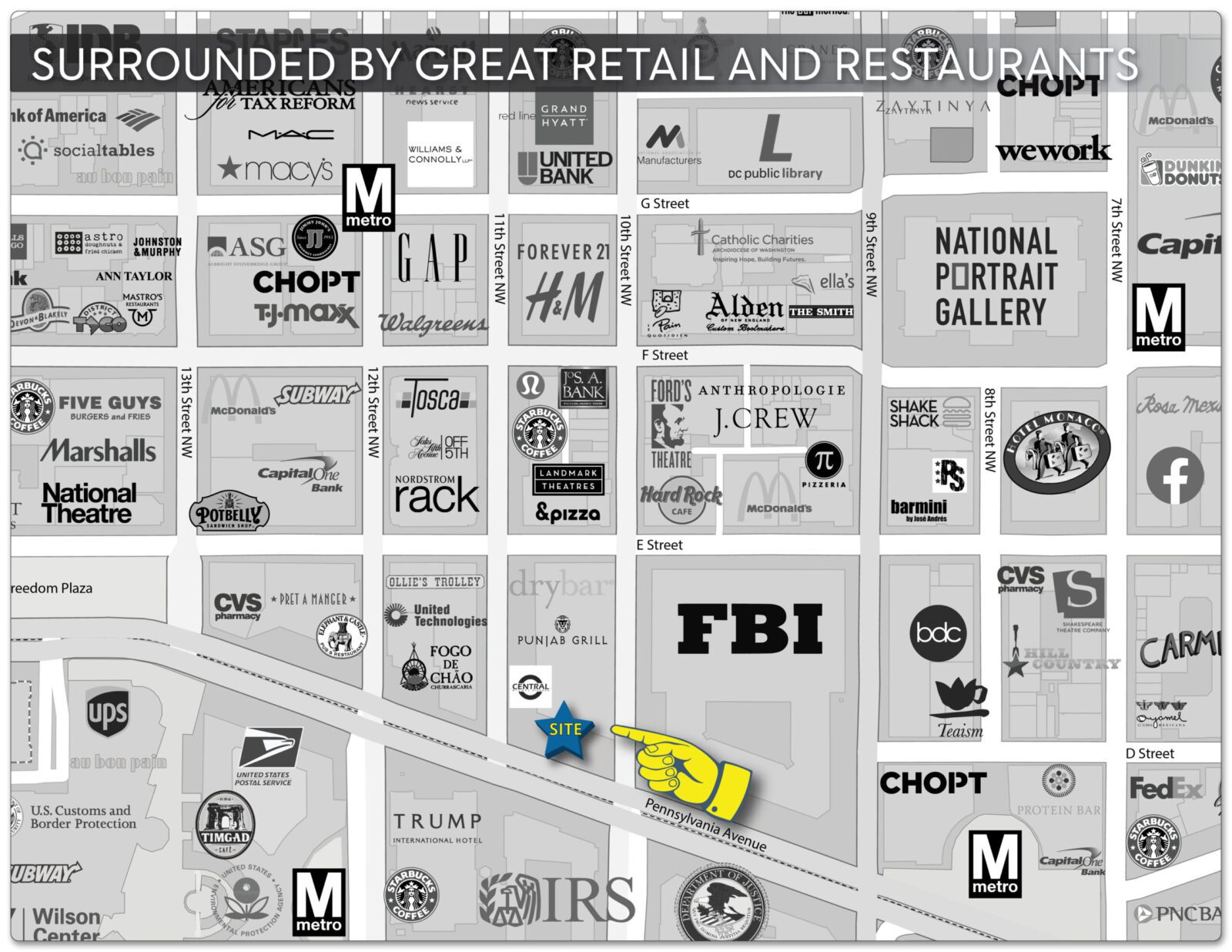 Retail Space for Lease DC - Tadich Grill, White Apron, Taylor Gourmet, - 1001 Pennsylvania Avenue, Washington DC Retail Map