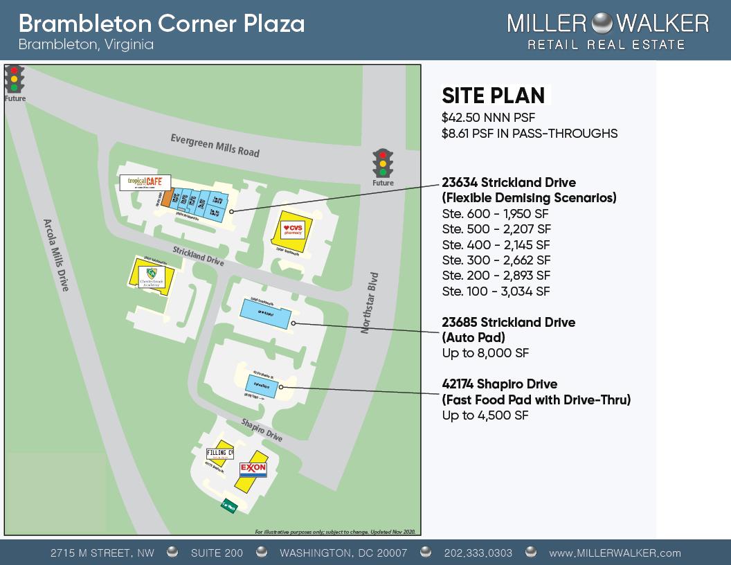 Brambleton corner plaza showing multiple retail restaurant spaces and properties for lease in Brambleton Virginia